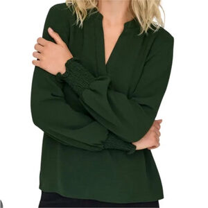ONLY Open V-neck long sleeve smock top Women's blouse dark green size small NEW
